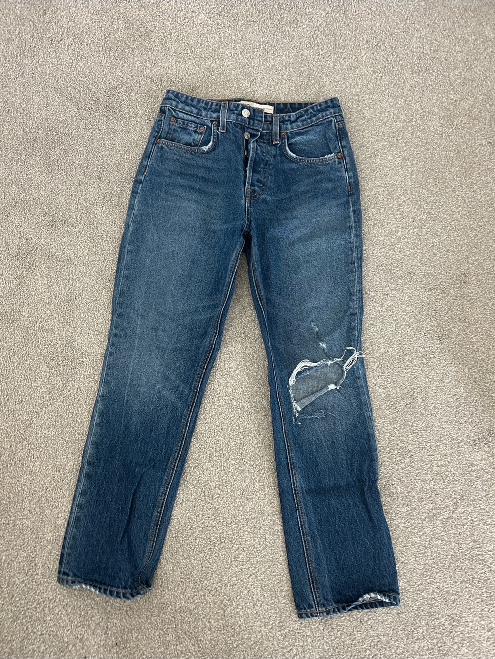 GRLFRND Women’s Straight Leg Jeans — Dark Blue with Distressed Knee